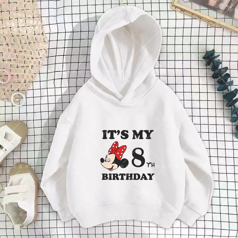 Disney Birthday Number 3-12 Minnie Mouse Hoodies Cartoons Baby Sweatshirt Boy Kawaii Girl Clothes Disney Mouse Kawaii Cartoons