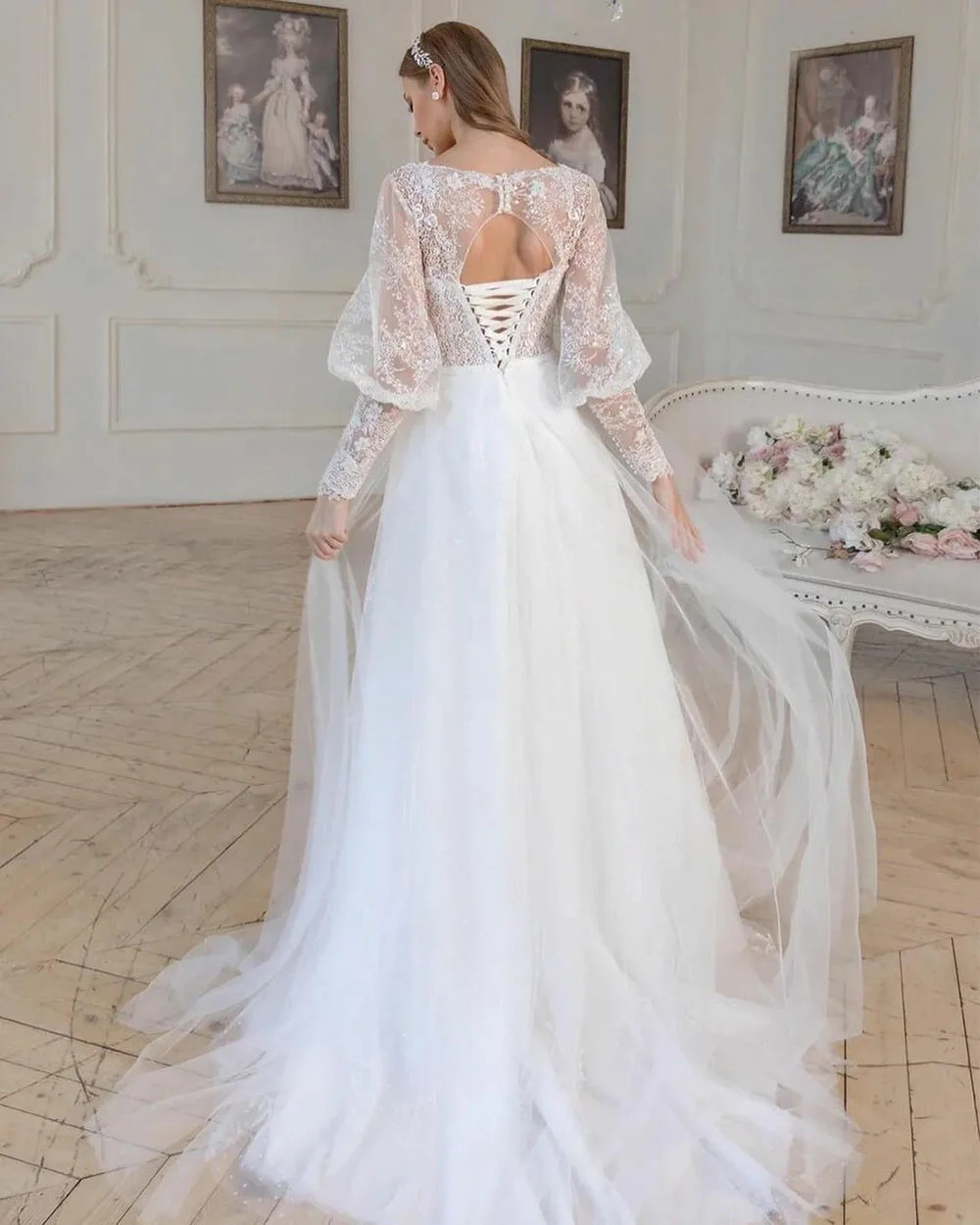 SoDigne Bohemian V-neck Gaun Pernikahan Tulle Lengan Puff Panjang Renda Applique Gaun Pengantin Dibuat Sesuai Pesanan untuk Wanita Robe De Mariage