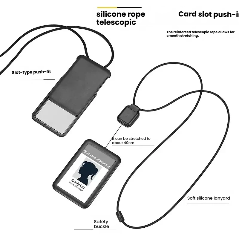 Id Card Lanyard, Silicone Id Card Holder Business Card Protector, with Retractable Cord, Safety Quick Release Buckle, 2 Card Slots