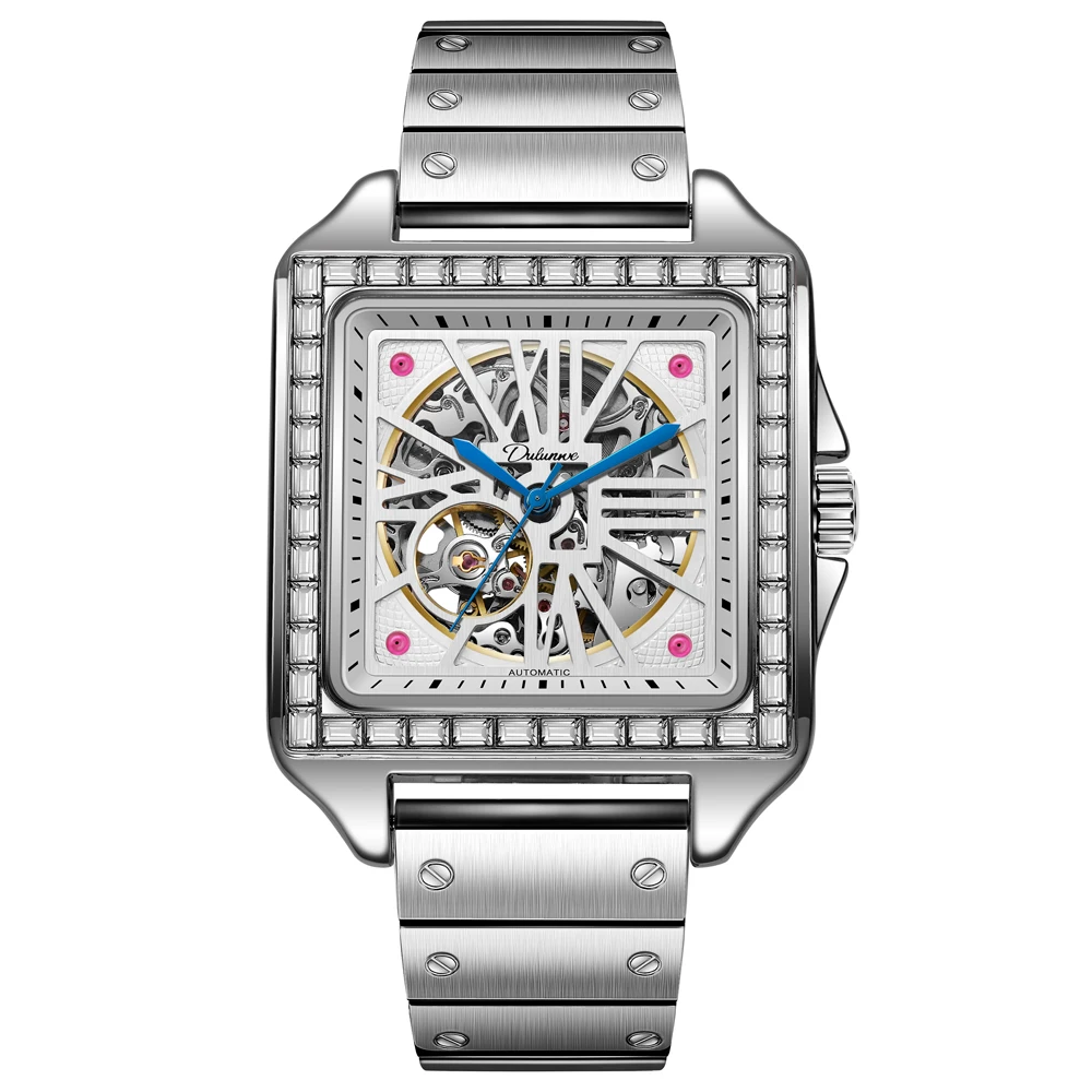 

New Luxury Zircon Bezel Mechanical Watch for Men Fashion Hollow Automatic Watches Stainless Steel Strap Waterproof Men's Watch