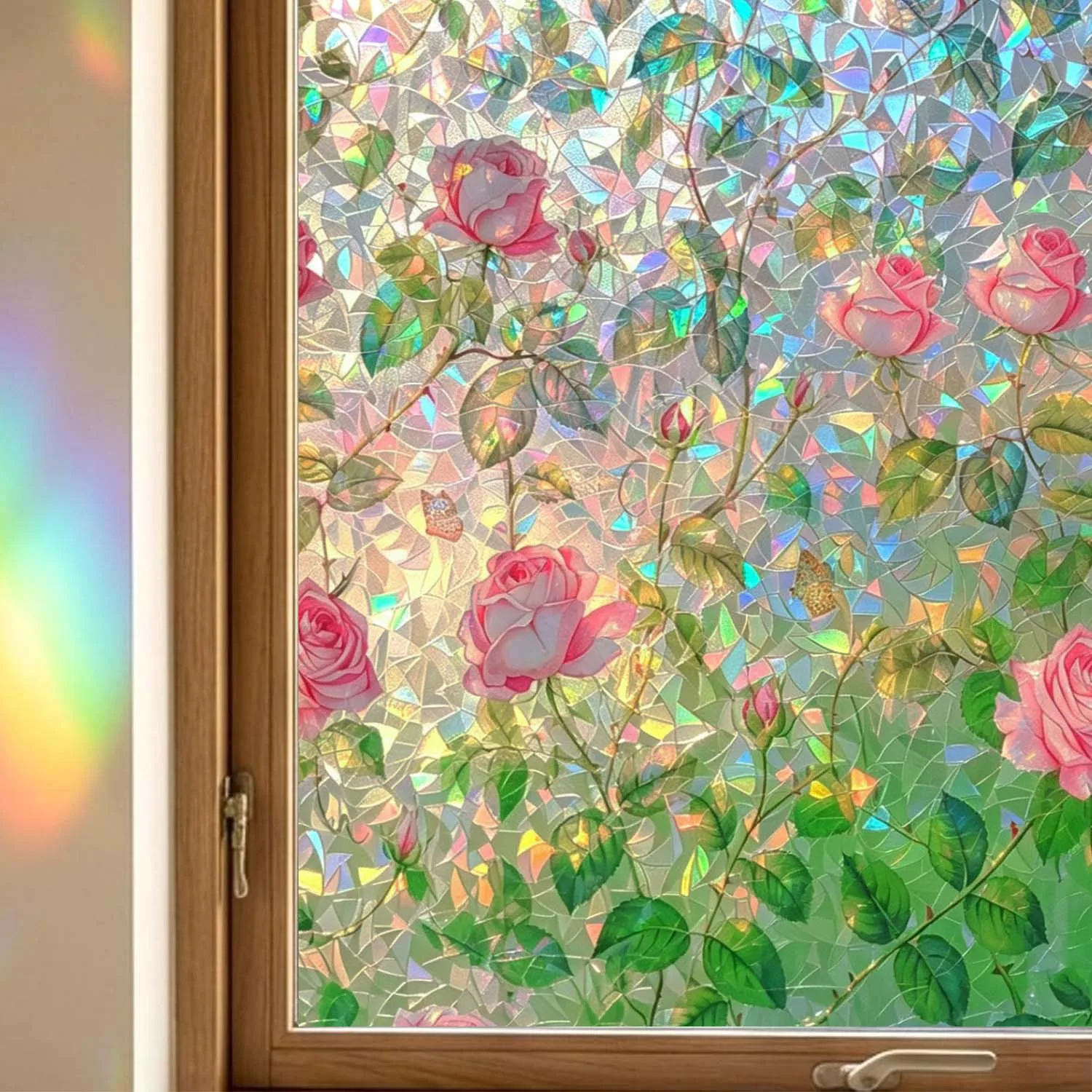 Rainbow Rose Window Film Stained Glass Static, Glueless Privacy Glass Sticker, UV Block Heat Removable Window Tint for Bedroom