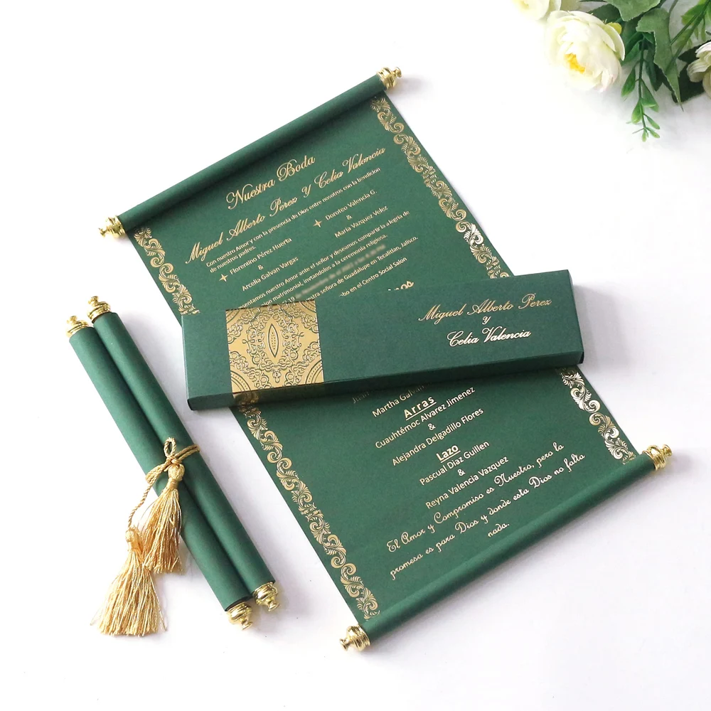 

100Pcs Custom Elegant Scroll Wedding Invitations Personalized Luxury Green Paper Birthday Party Invitation Card With Tassel Box