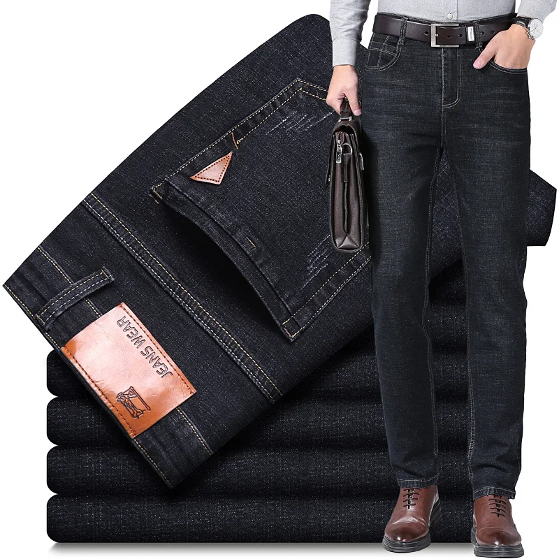 Style classique hommes mince Stretch droit affaires jean décontracté noir bleu ample Denim Pantalon Homme marque mâle Pantalon