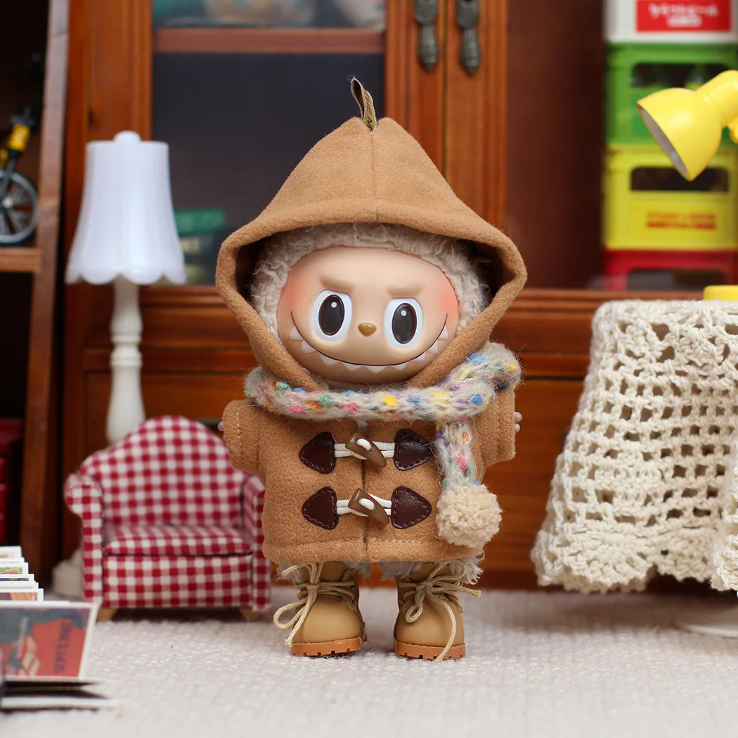 Vestiti per bambole Labubu da 17 cm, cappotto invernale in lana con cappuccio e sciarpa, accessori per l'abbigliamento delle bambole Labubu.