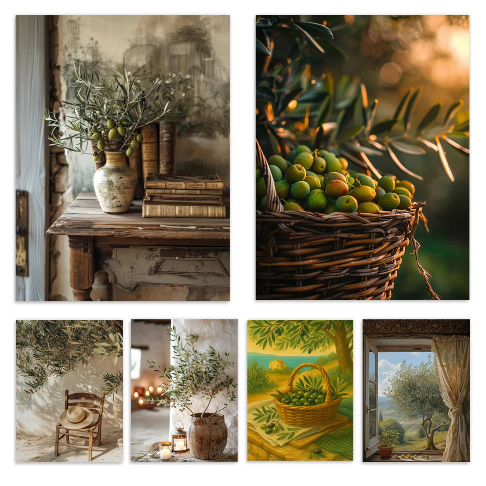 Impresión de olivo vintage, naturaleza muerta, olivo en maceta antigua, ramas de olivo, cartel de decoración de casa de campo de cocina