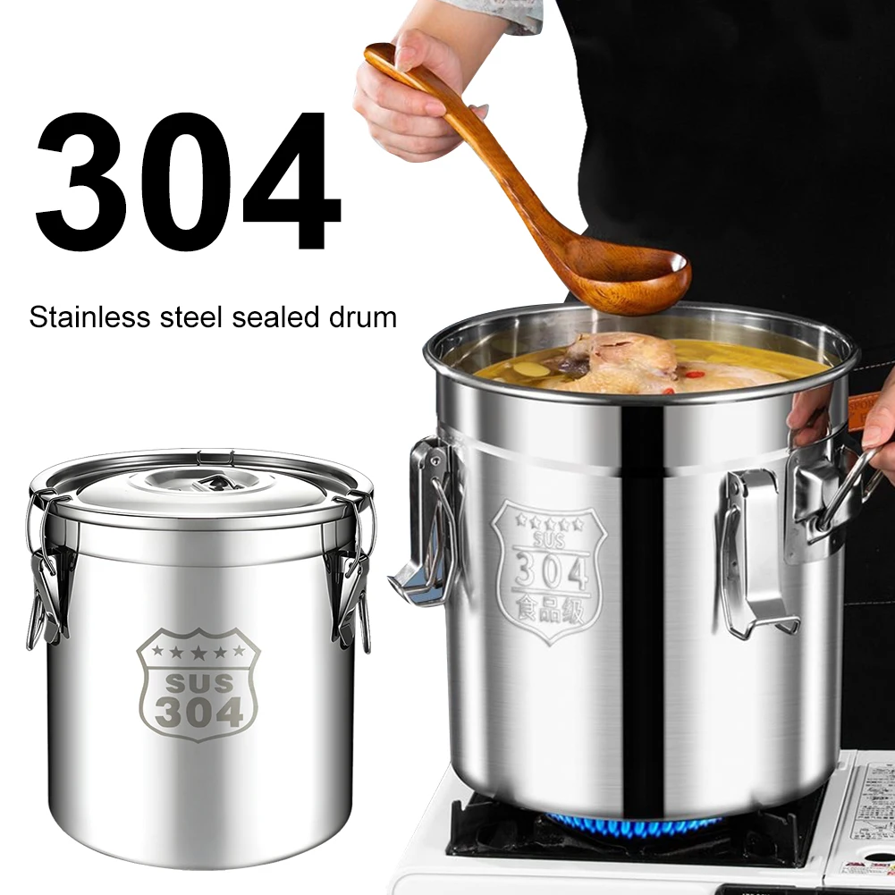 6/12/21/33L 304 Stainless Steel Food Storage Container with Seal Lid Food Oil Sugar Milk Storage Bucket for Household Kitchen