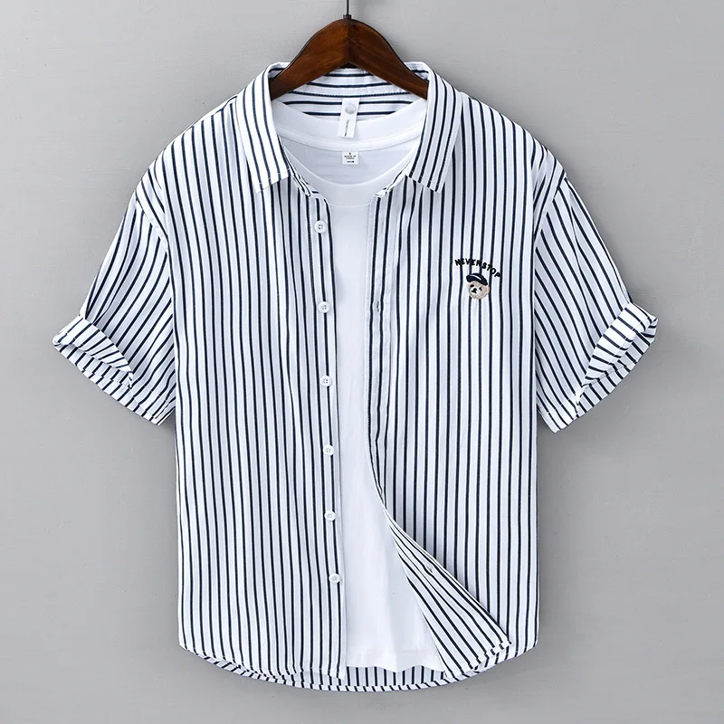 Luxury Men\'s Shirt With Short Sleeves Mens Shirts and Blouses Summer New Stripe Shirt Man Korean Popular Clothes Tiki Hawaiian