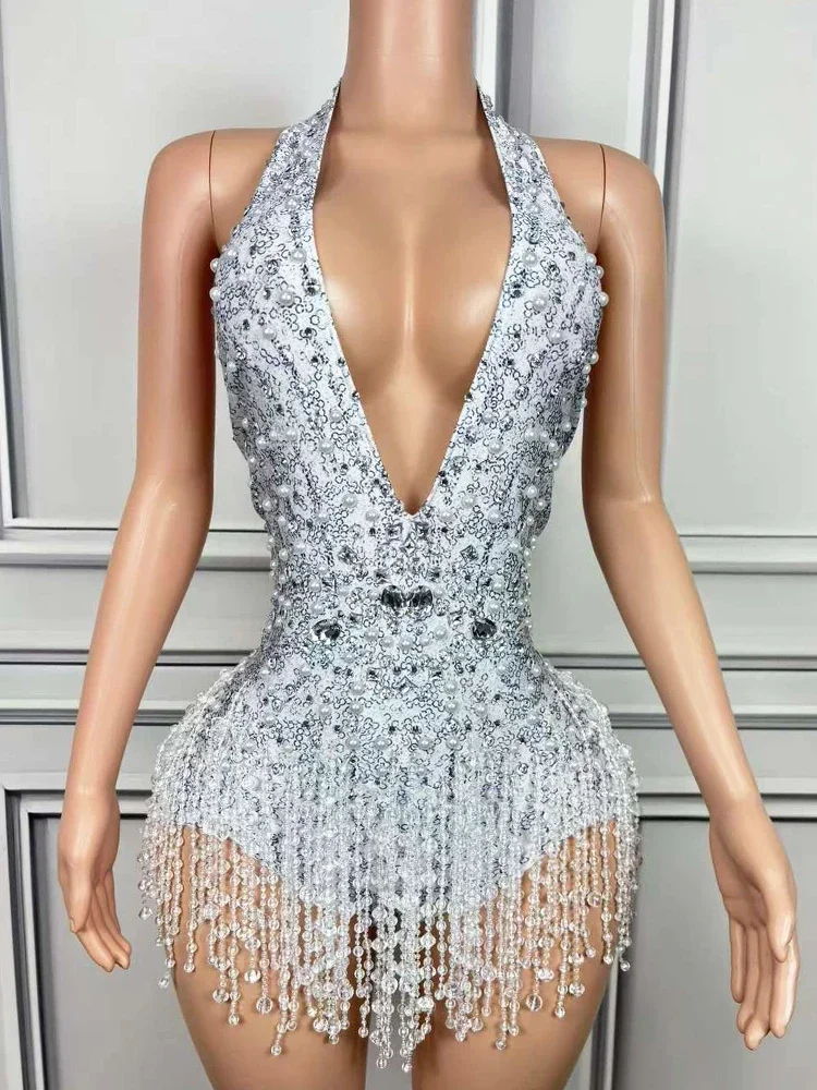 

Sexy Backless Women Evening Party Bodysuit Shining Crystals Tassels Show Photo Shoot Jumpsuit Bar Club Stage Performance Costume