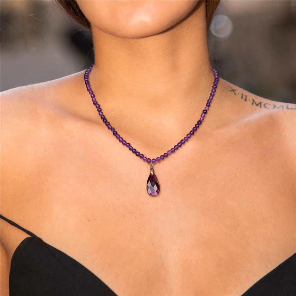 Natural Amethysts Stone Bead Necklace Big Water Drop Pendent Necklace Purple Gem Crystal Choker Jewelry Gift For Women Girls