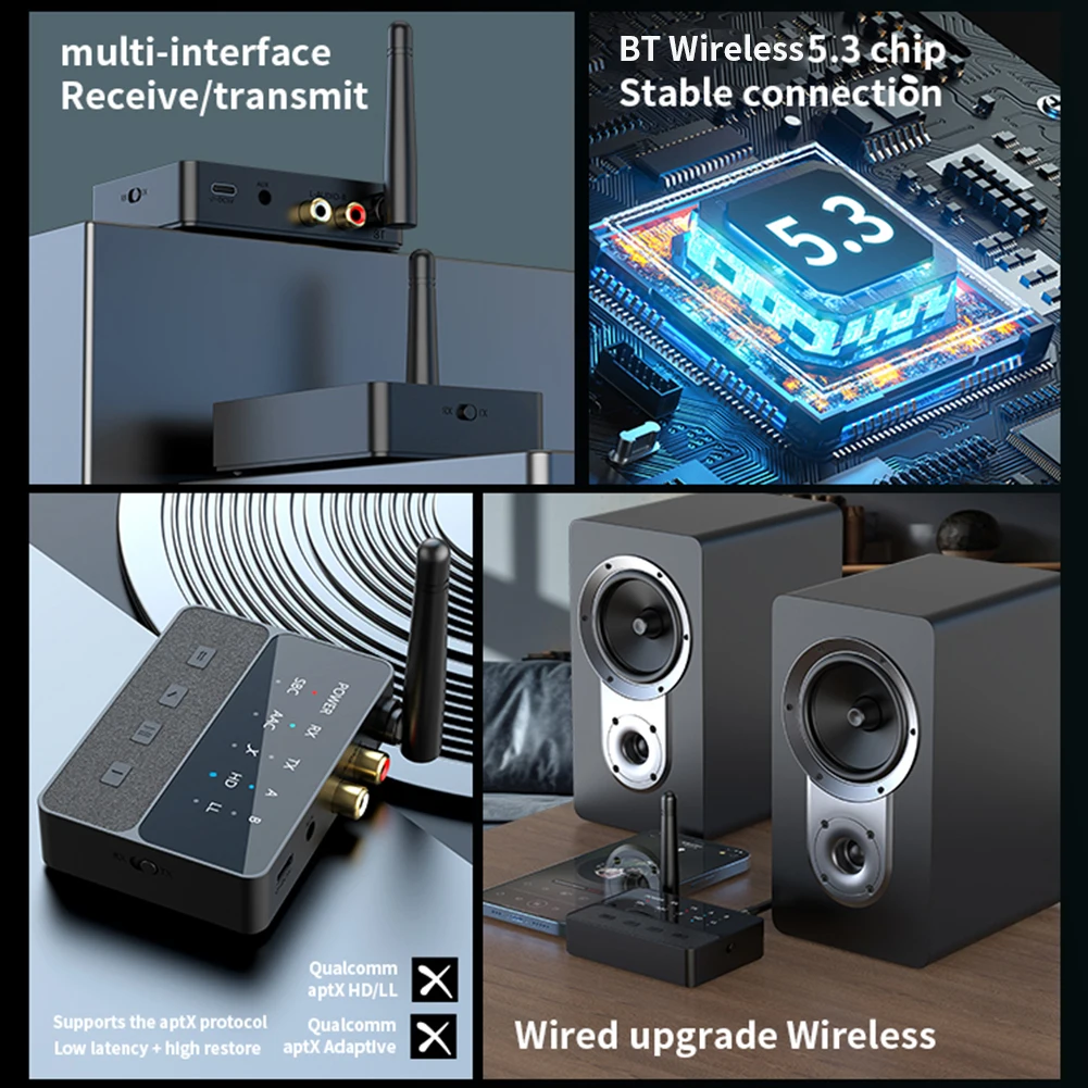 Transmissor receptor estéreo sem fio, compatível com bluetooth 5.3, 2 em 1, adaptador estéreo de alta fidelidade, adaptador de música estéreo para alto-falante, tv, pc
