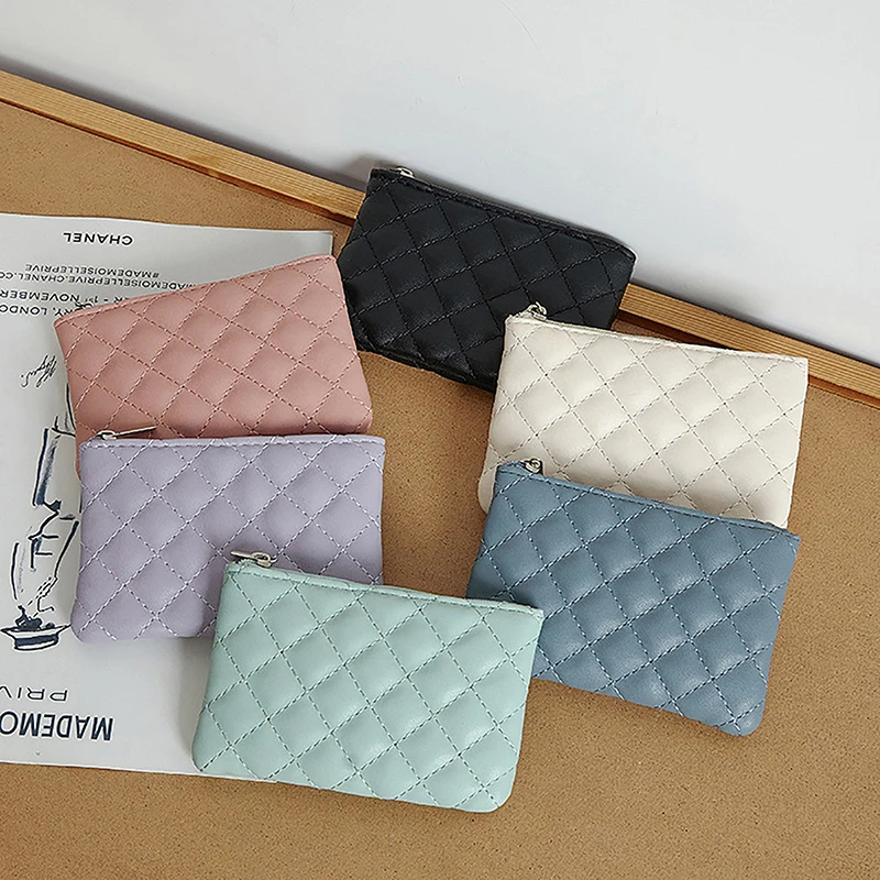 S Women Small Coin Purse PU Leather Zipper Wallets Pouch Plaid Print Change Purses Business Card Holder Ladies Mini Coin Bag