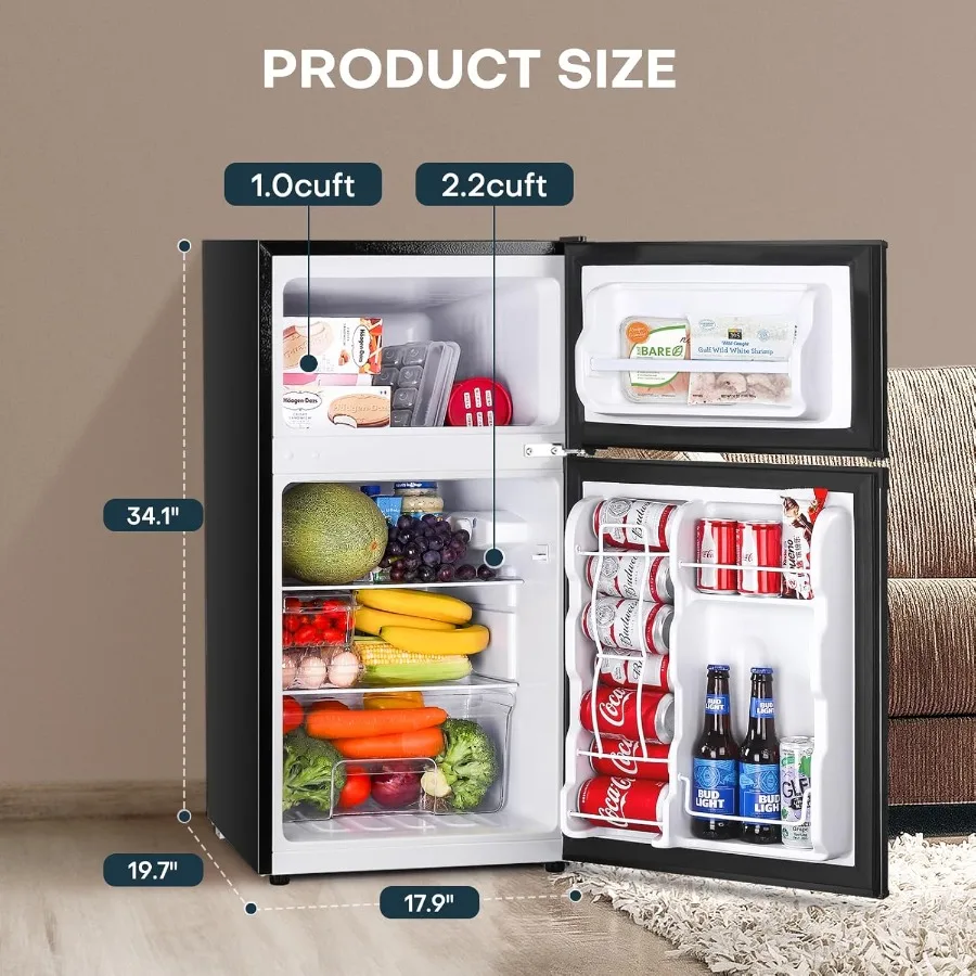 3.2 Cu.Ft Mini Fridge with Freezer Double Door Design Adjustable Thermostat Compact Mini Refrigerator Ideal for Dorm Rooms Offi