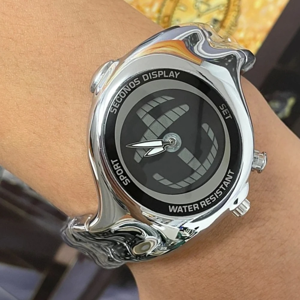 

Мужские кварцевые часы Y2K с креативным дизайном, цветным цифровым циферблатом, уникальной формой, светящиеся, стальные, мужские часы-браслет