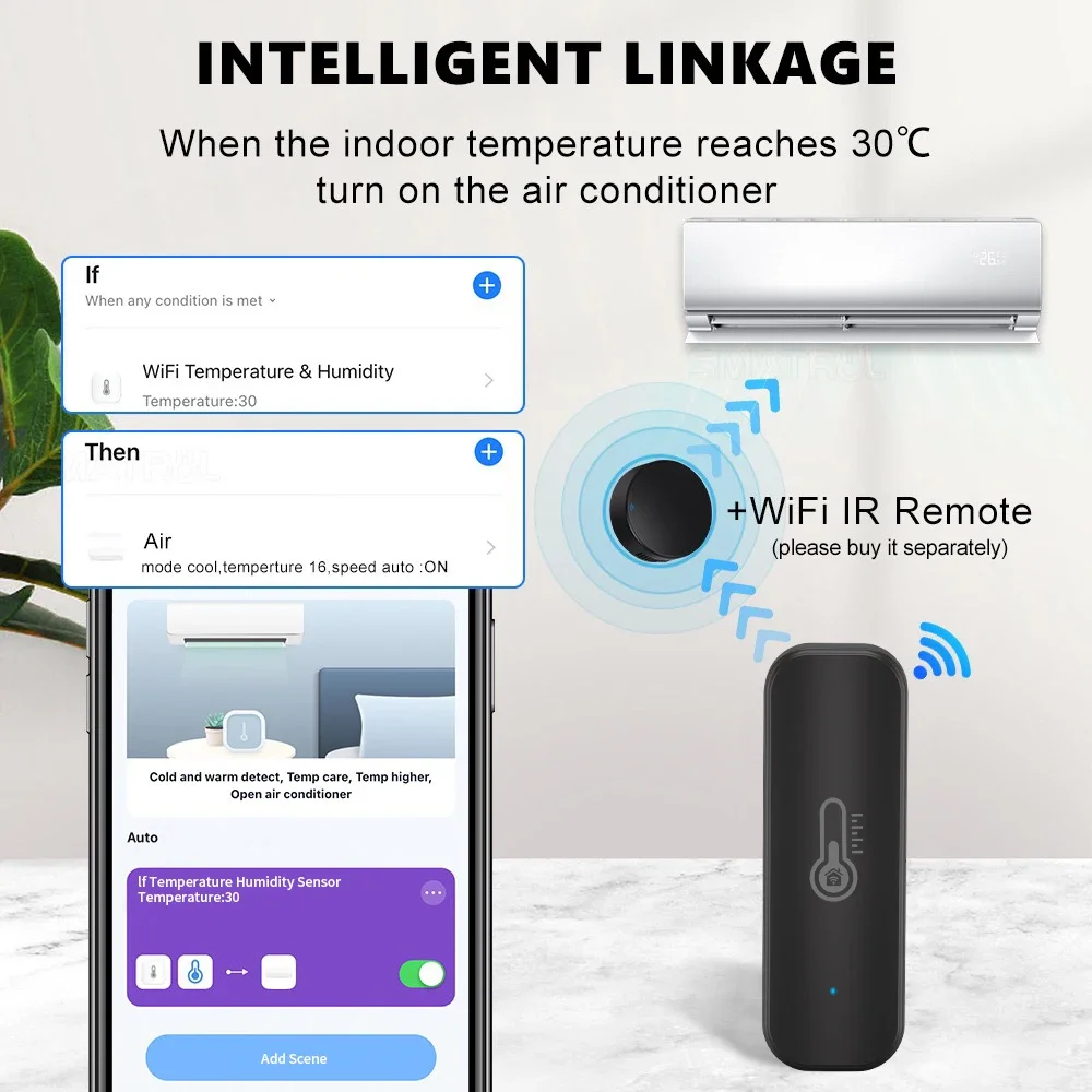 WiFi Temperature and Humidity Sensor, Indoor Thermometer, Hygrometer Monitoring, Works with tuya Smart, Alexa, Google Home