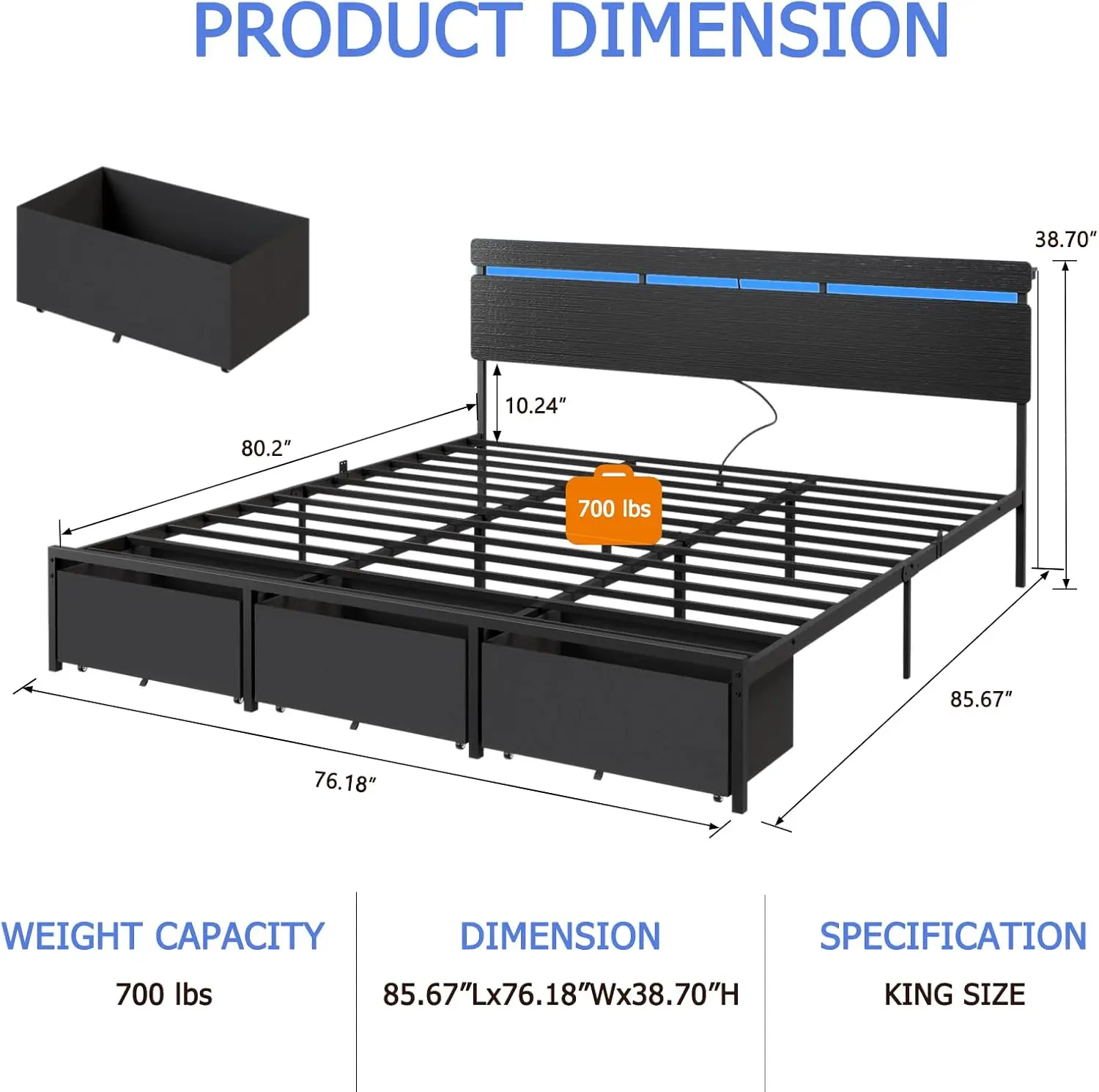 Forestell King Size Bed Frame with Wood Headboard,3 Storage Drawers & Shelf