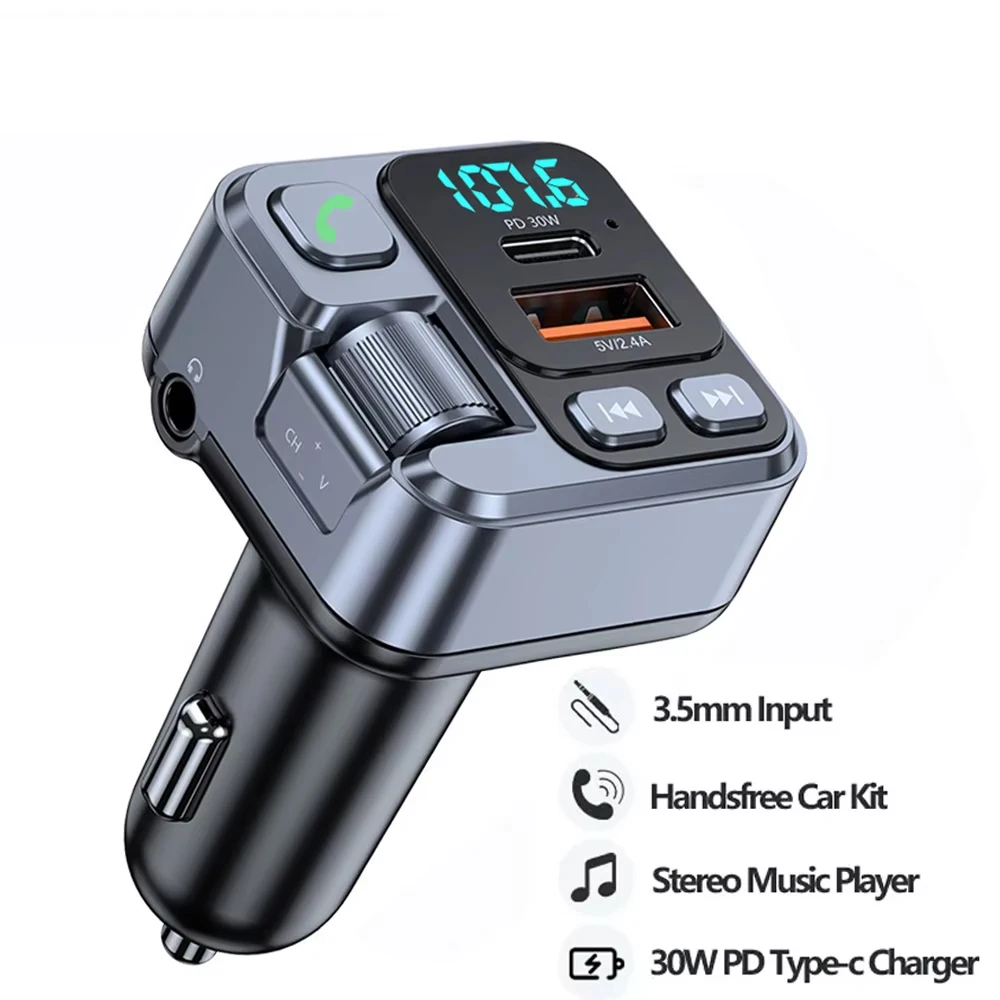 Bluetooth 5.1 Car FM Transmitter Car MP3 Stereo Music Player Handsfree 3.5mm Aux Wireless Car Kit 30W PD USB-C Fast Charger