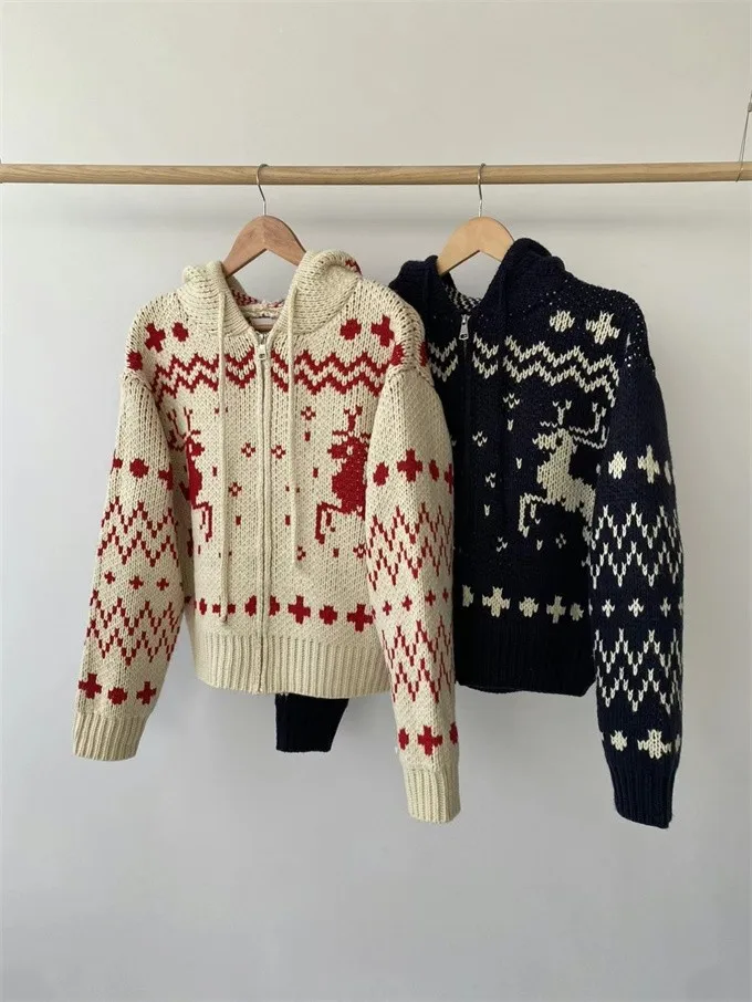 

Cisas Aosphere Red Deer Hook Knitted Loose Zipper Hoodie Women's Faionable Long Sve Cardigan Sle Coat