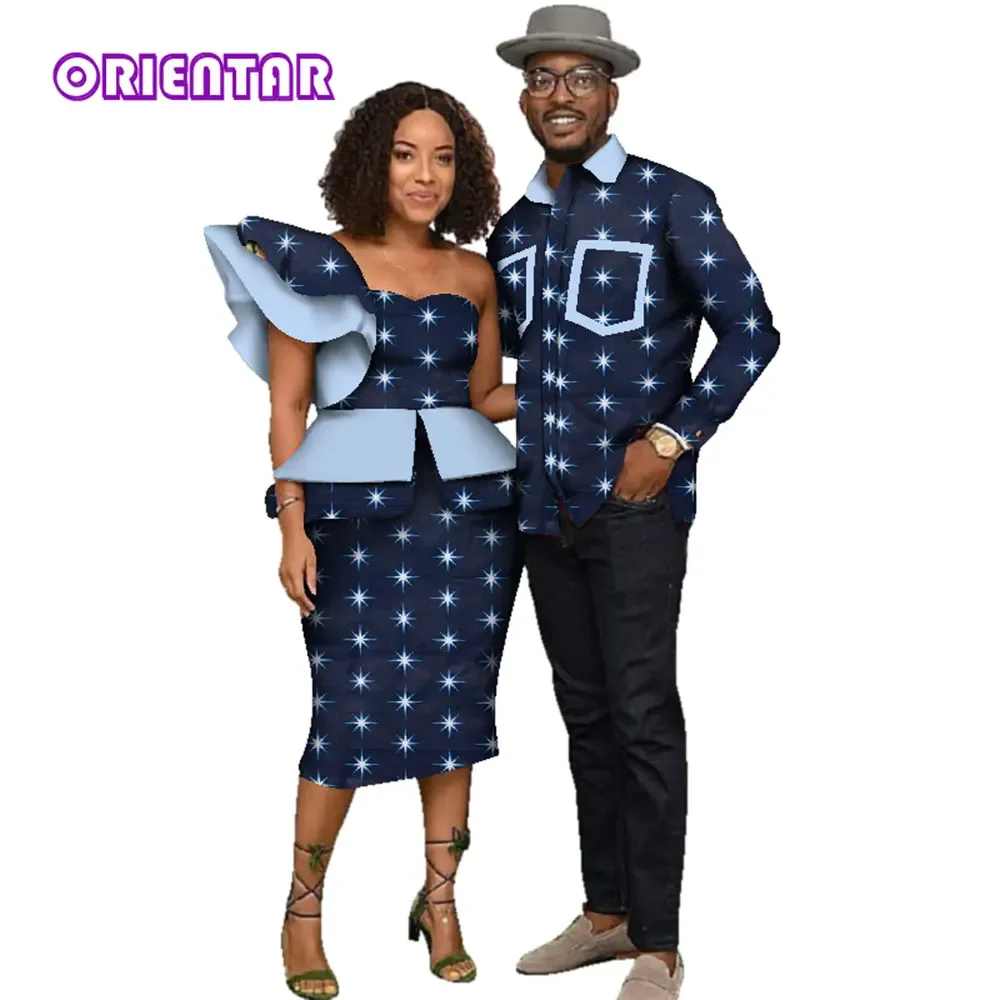 

Африканская одежда для мужчин и женщин, Африканский принт, одежда для пар, рубашка с длинным рукавом, юбка на одно плечо, комплект платья WYQ135