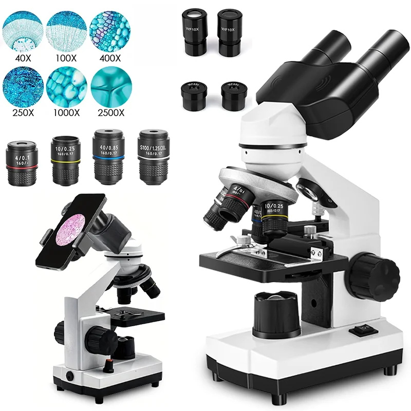 Binocular Compound Microscope with 4 Objective Lens, 40X-2500X Dual LED Light Microscope for Adults,for Education Lab & Home