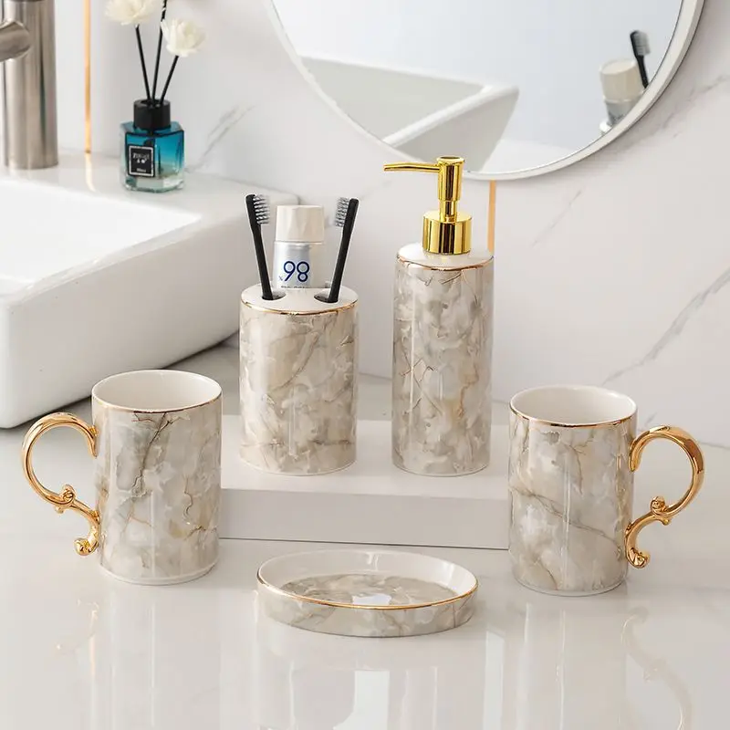 European Marble Ceramic Lotion Bottle Toothbrush Holder Bathroom Accessories Set Cup Soap Dish Shampoo Dispenser Bottle Decor