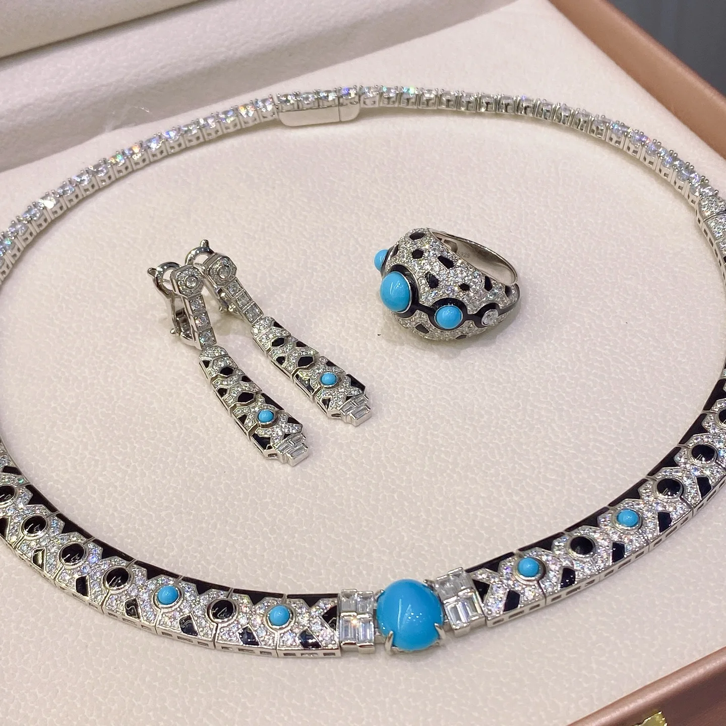 

KQDANCE 925 Silver BLack Panther Leopard Print Synthetic Blue Turquoise Sapphire Gemstone Choker Necklace Earrings Rings Jewelry