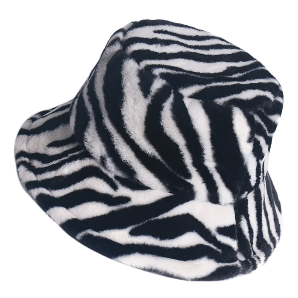 1pc Plush Bucket Hat Fall Zebra Style Warm Hat Fisherman (Assorted Color) Fur Bucket Hat Plush Warm Hat