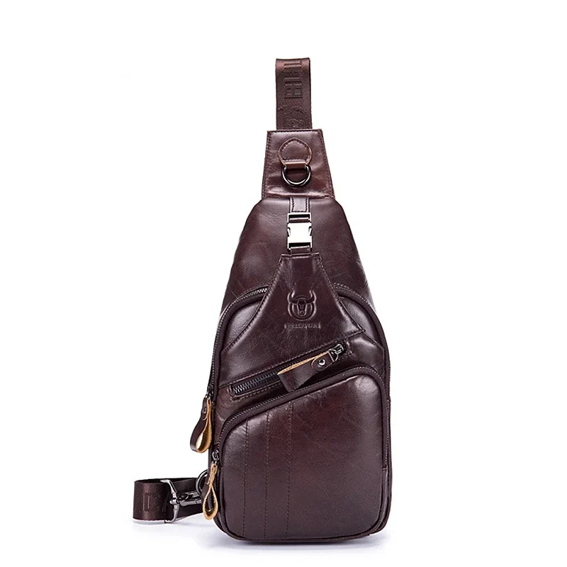 Bolso de pecho de gran capacidad para hombre, bolsa cruzada deportiva informal impermeable de cuero de vaca genuino suave