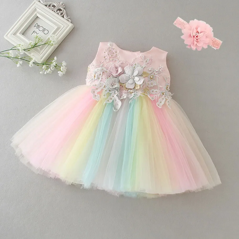 

Baby Appliques Formal Princess Dresses for Girl Rainbow Tulle Birthday Party Dress Infant Girl Dress Baby Clothes 3-24M