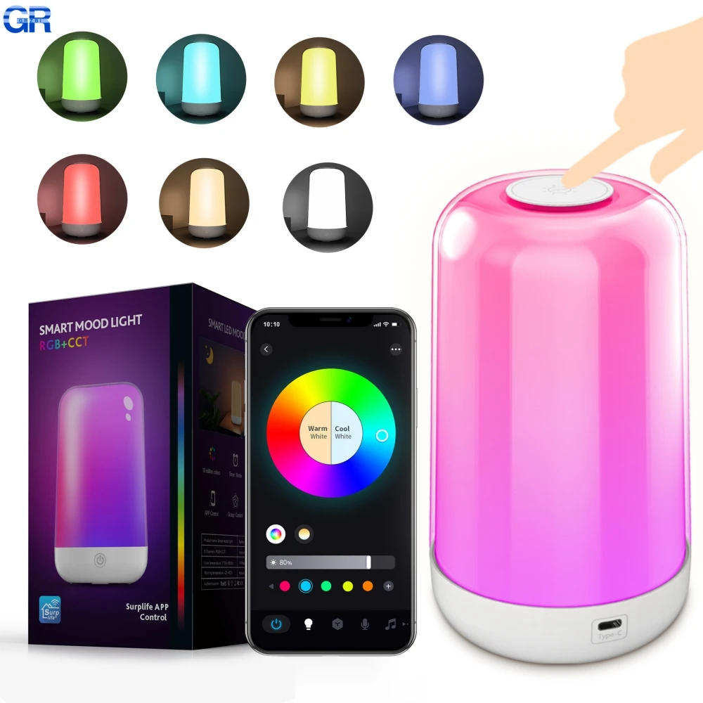 

Умная настольная LED-лампа с 16 цветами, сенсорным и Bluetooth-управлением через приложение, диммируемая, перезаряжаемая, прикроватная ночная лампа для декора комнаты