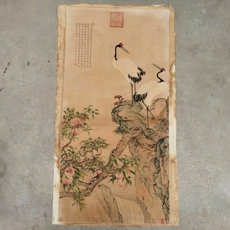 Old Chinese Scroll Painting Hand Painted Peach crane Painting Rice Paper