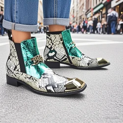 BOARD Luxury Handmade Men's Boots Golden Metal Toe Blue Leather Ankle Boots Men Zip Buckles Rock Party and Wedding Botas Shoe