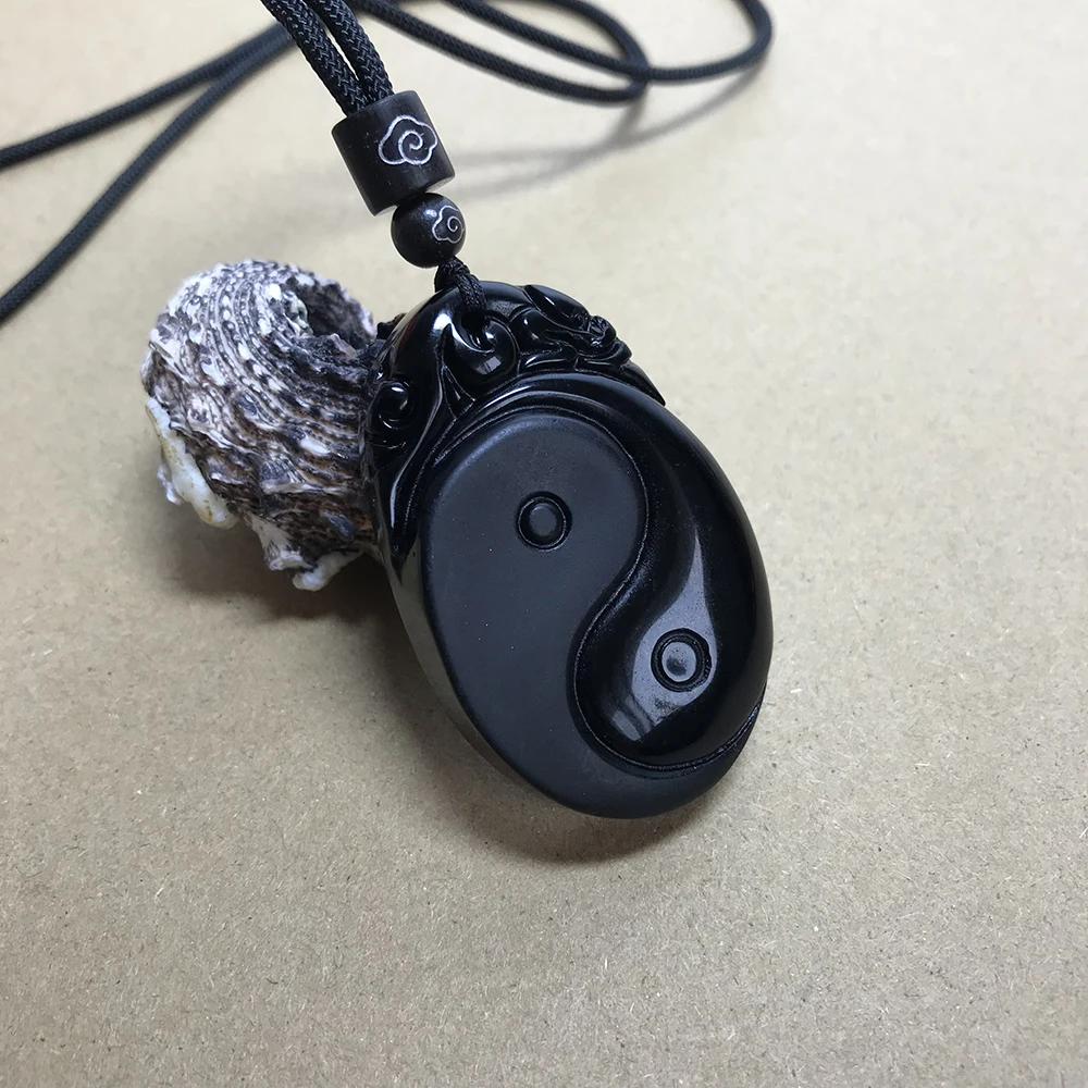 Natural Black Obsidian Tai Chi Gossip Necklace Pendant Yin Yang Tai Chi Necklace Jewelry for Men Women