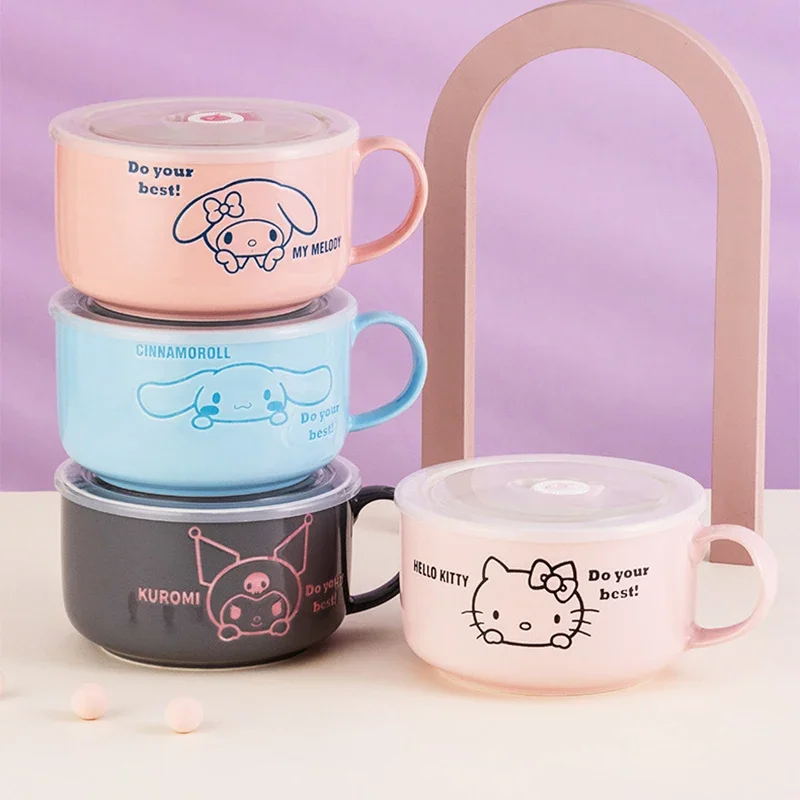 Sanrio Kawaii My Melody Ceramic Instant Noodle Bowls Kuromi Cinnamoroll Anime Cartoon Student Large Capacity Lunch Box with Lid