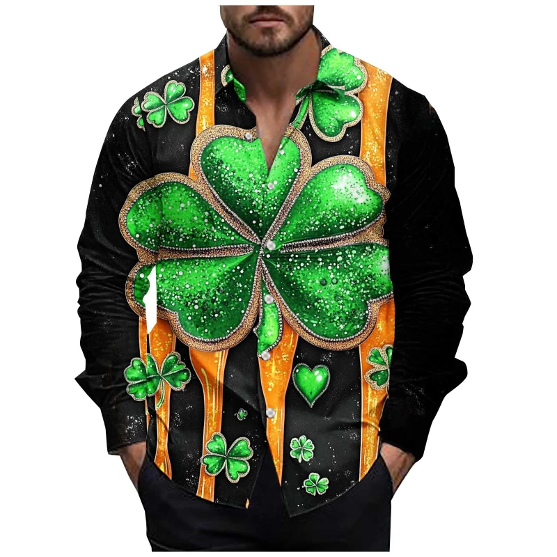 St. Patrick's Day Men's Long Sleeve Shirts 3D Printed Festival Button Shirts Spring Trendy Fake Suit Graphic 2025 New Blouse Top