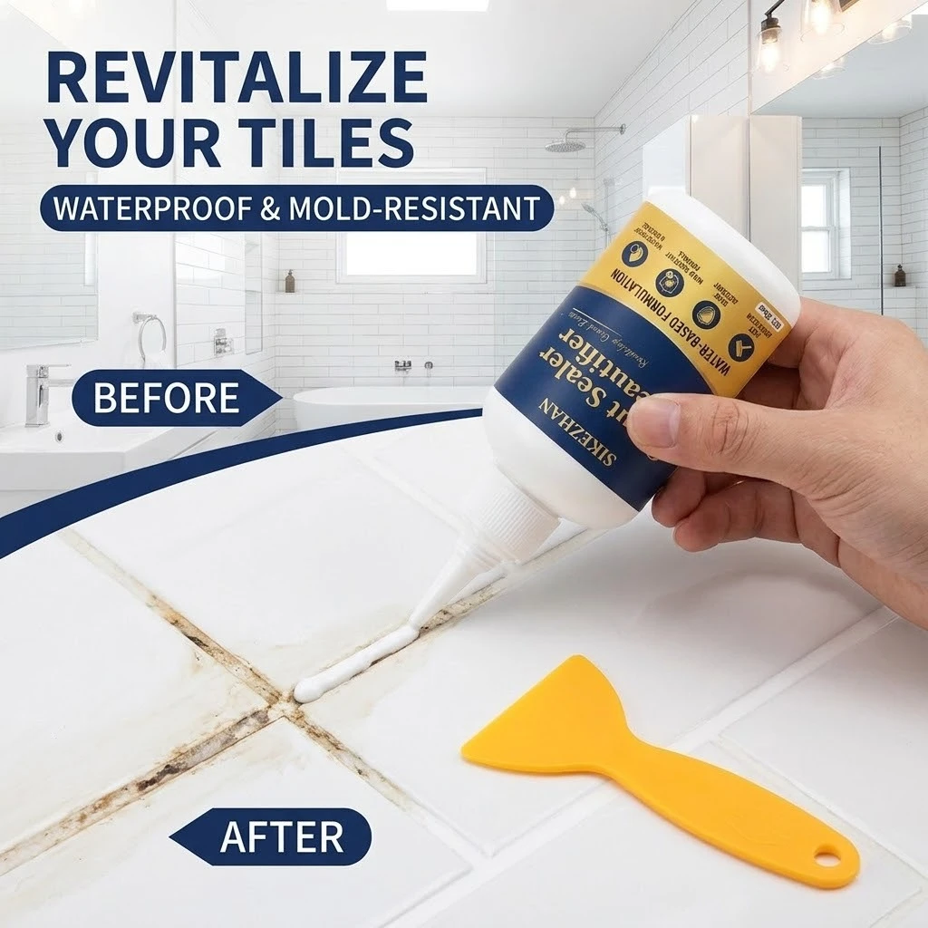 150ml White Grout Sealer Beautifier with Yellow Scraper, Waterproof Mold Resistant Tile Repair for Bathroom Kitchen Floor