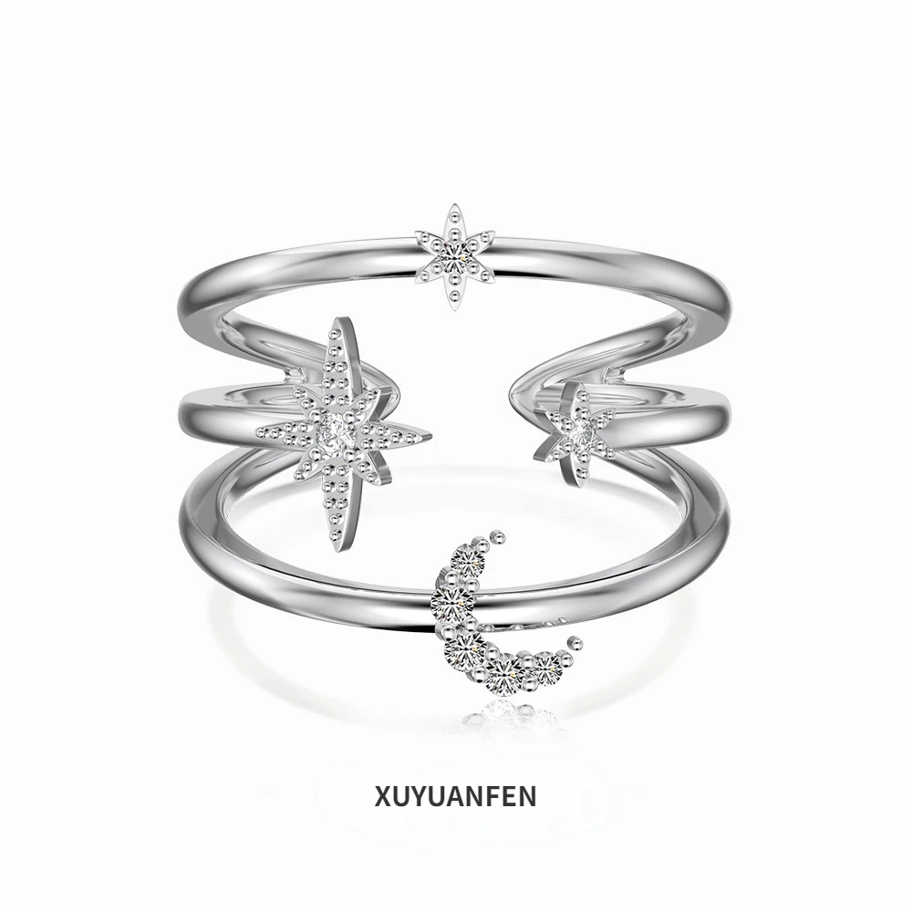 

XUYUANFEN Japanese and Korean New S925 Sterling Silver Ring, Female Hollow Star Moon Design, Fashionableand Exquisite Open Ring