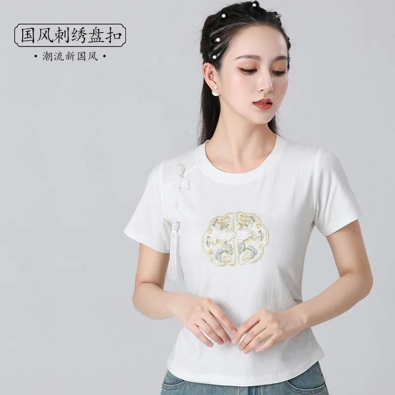 New Spring/Summer New Chinese T-shirt Retro Versatile Slim Women's National Style Embroidery Waist Wrapped Short Sleeve Top Perf