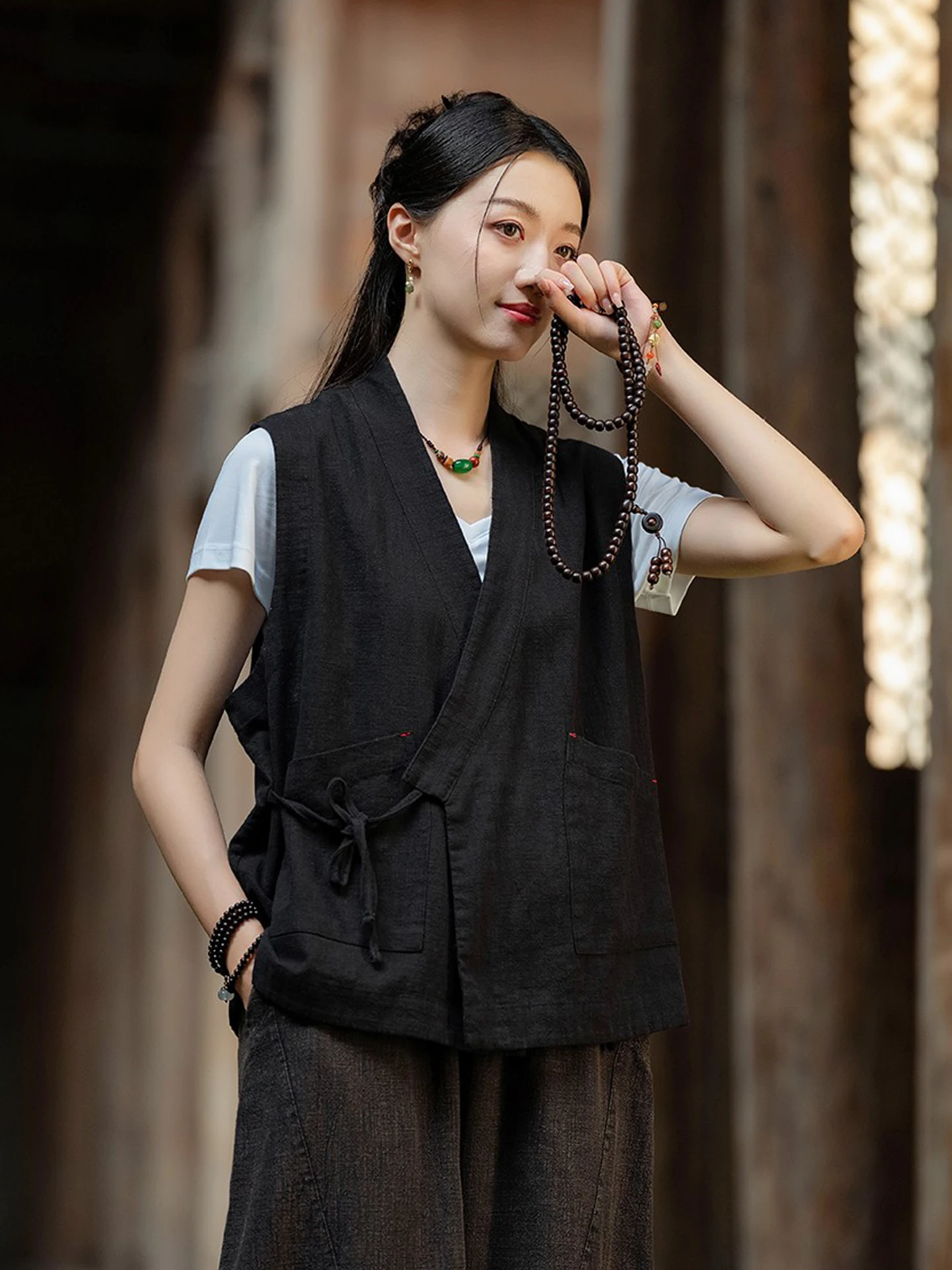 Autumn New Chinese Style Vintage Layered Top Outerwear  Silk Improved Belted Vest Style Tank Top Women's Jacket