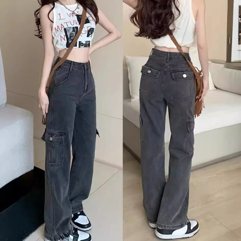 

Весенне-осенние модные свободные дизайнерские повседневные прямые брюки с несколькими карманами, женские черные, серые джинсовые брюки-карго в американском стиле ретро