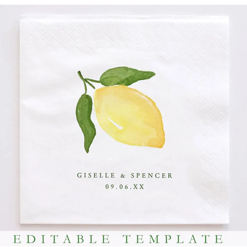 50PCS Lemon cocktail napkin TEMPLATE, minimalist lemon wedding napkin template, personalized napkin template, party napkin edita