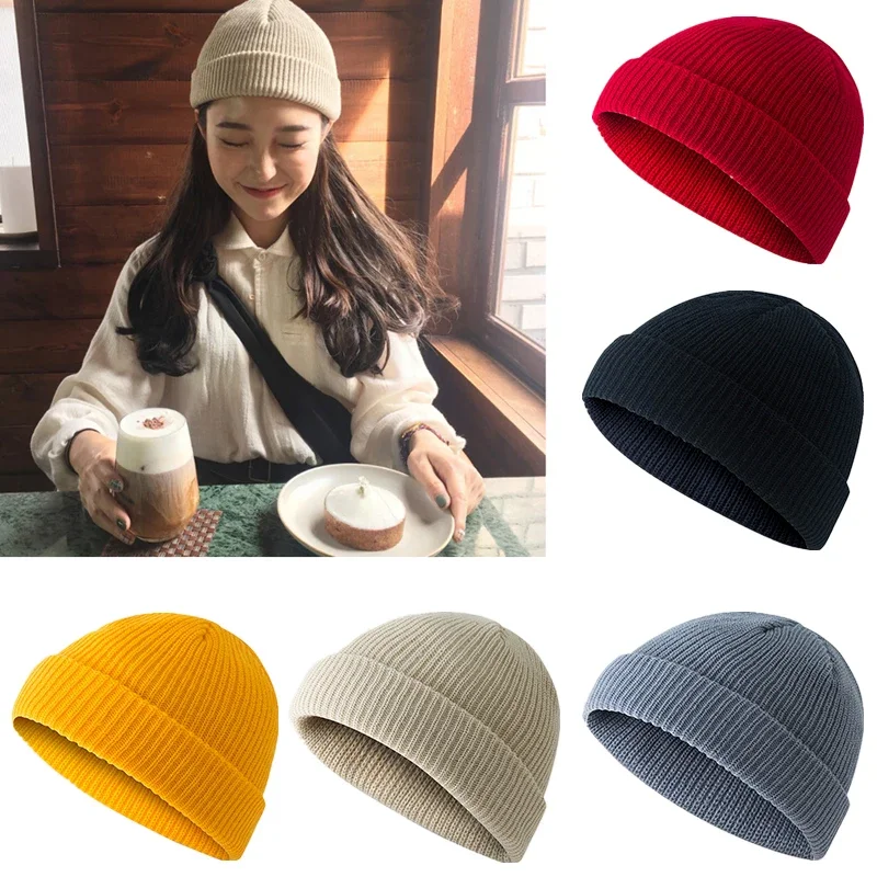 

New Fashion Unisex Retro Winter Warm Beanies Solid Color Hat Skull Knit Cap Men Women Solid Knitted Skullies Cap Male Black Hat