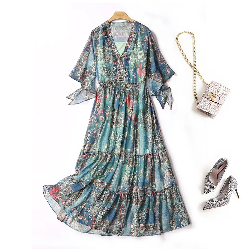 2024 New Plus Size Dress Women Clothing Summer Sweet Lady Beaded Printed V-neck Chiffon Dress