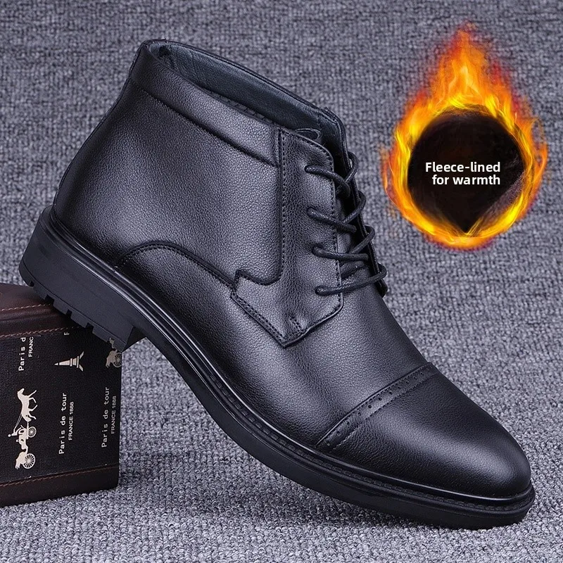 

Мужские зимние утепленные высокие деловые ботинки из натуральной воловьей кожи на флисовой подкладке, теплые повседневные ботинки с круглым носком и резиновой подошвой