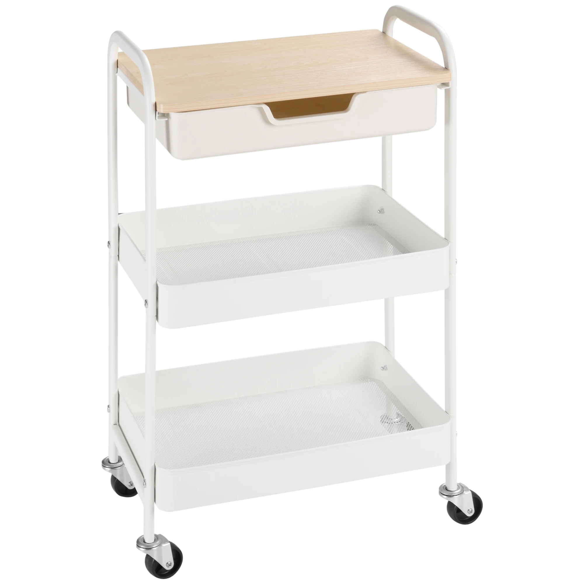 Carrito de servicio de cocina HOMCOM con 2 estantes, cajón y bandeja para bebidas, de aspecto transparente, en blanco, de PP y acero.