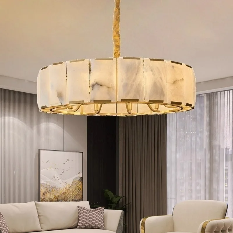 

Круглая алебастровая люстра, роскошная латунная медная люстра из натурального мрамора, подвесной светильник для гостиной, столовой, спальни