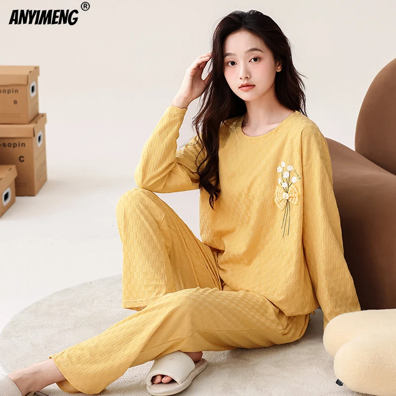 Autumn Winter Cotton Pajamas for Women Long Sleeves O-neck Sleepwear HQ Pijamas Causal Simple Purple Home Suit Ladies Pyjamas