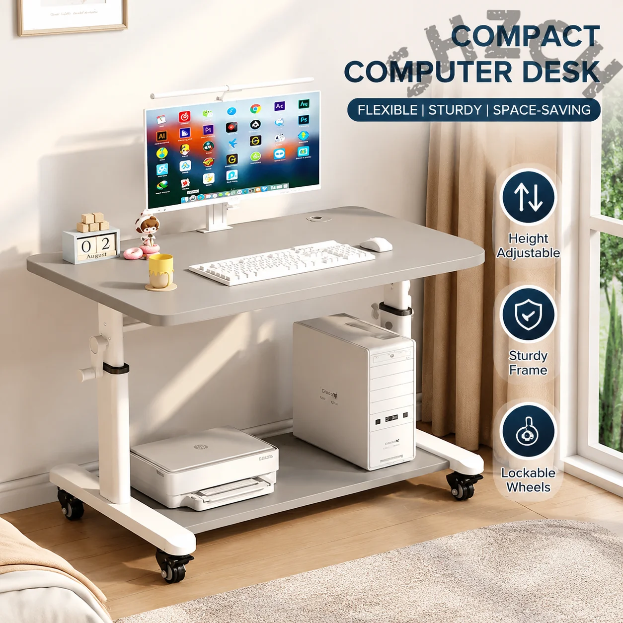 Heavy-Duty Height-Adjustable Mobile Workstation – Carbon Steel Frame, I-Shaped Legs, 360° Swivel Casters, Home Office Use