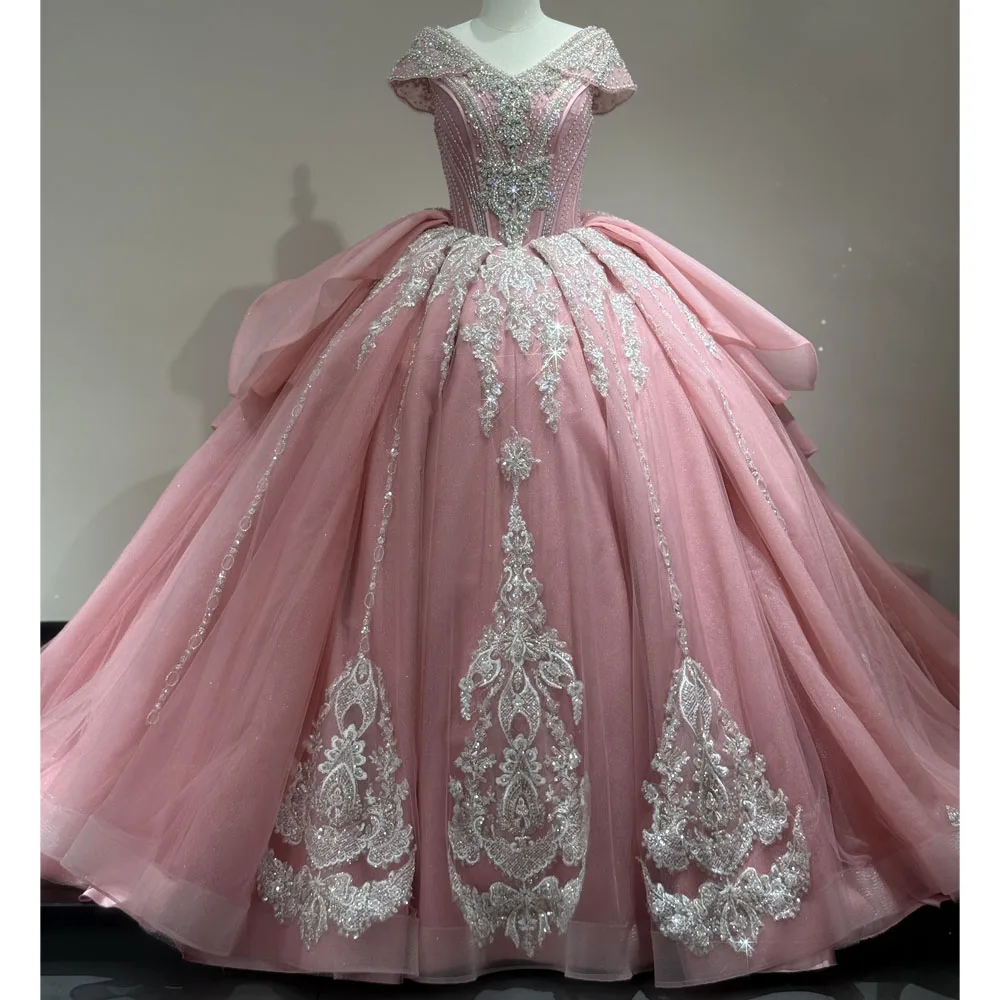 

Pink Luxury V-Neck Quinceanera Dress With Cap Sleeves Lace-Up Back Bow Crystal Embroidery Princess Style for Women