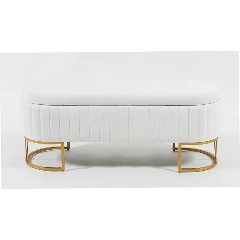 

Oval Velvet Storage Bench with Metal Legs - Upholstered Ottoman for Living Room, Entryway & Bedroom in Ivory