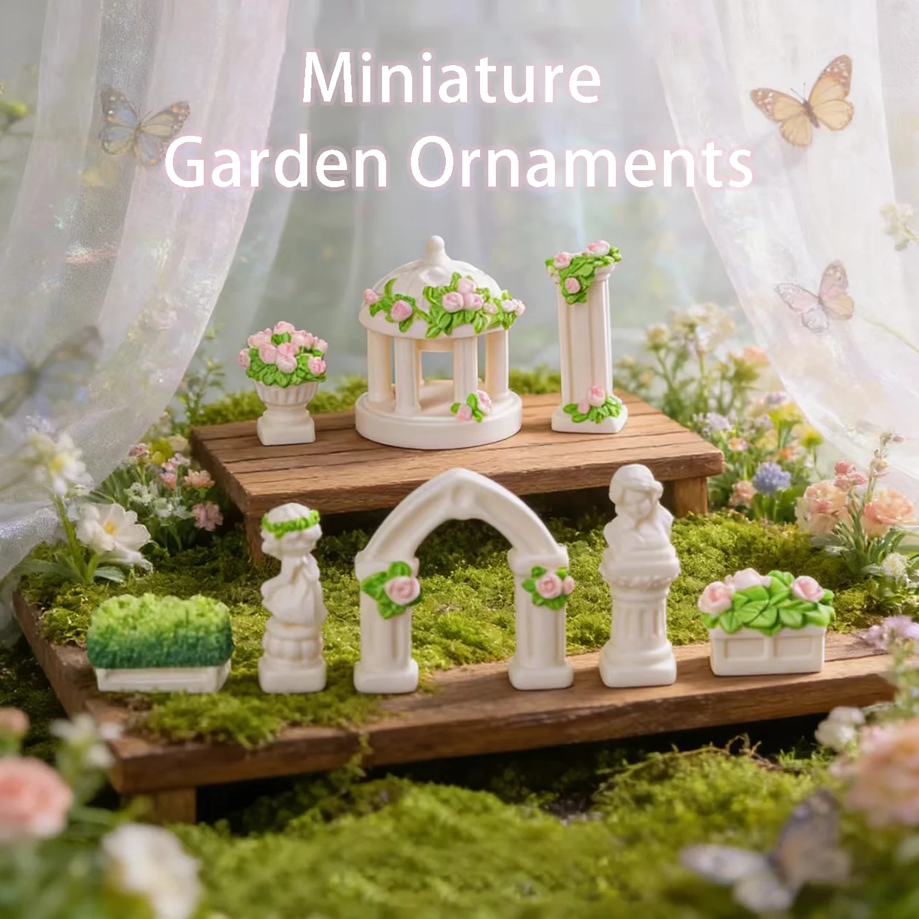 1 ensemble de modèles de construction de jardin de style européen, portail en arc, pavillon, fontaine, scène miniature, accessoires pour maison de poupée